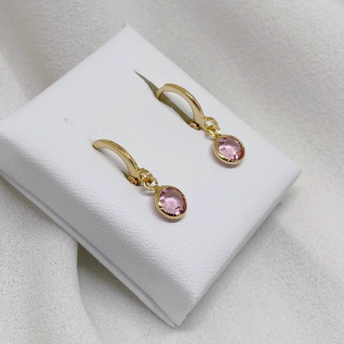 Brinco Argolinha Dourada Cristal Rosa - 18k — foto 1